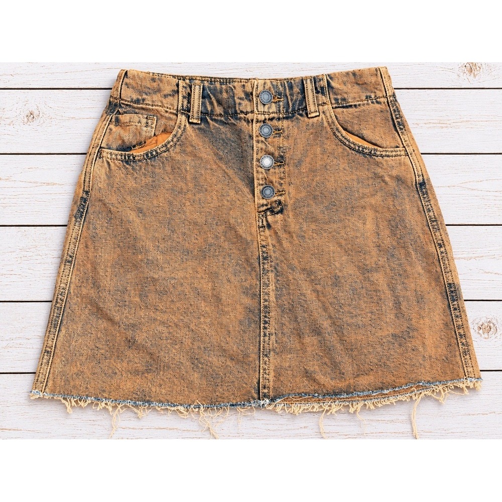 STR Denim Mini Skirt Brown Acid Wash Raw Hem Button Fly Streetwear Y2K Size 6